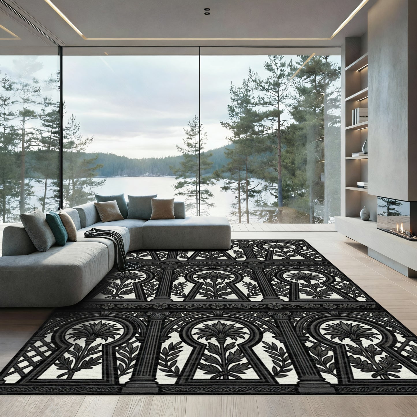 Black and White Keyhole Floral Garden Rug