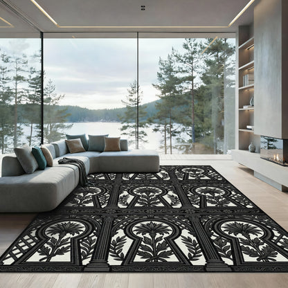 Black and White Keyhole Floral Garden Rug