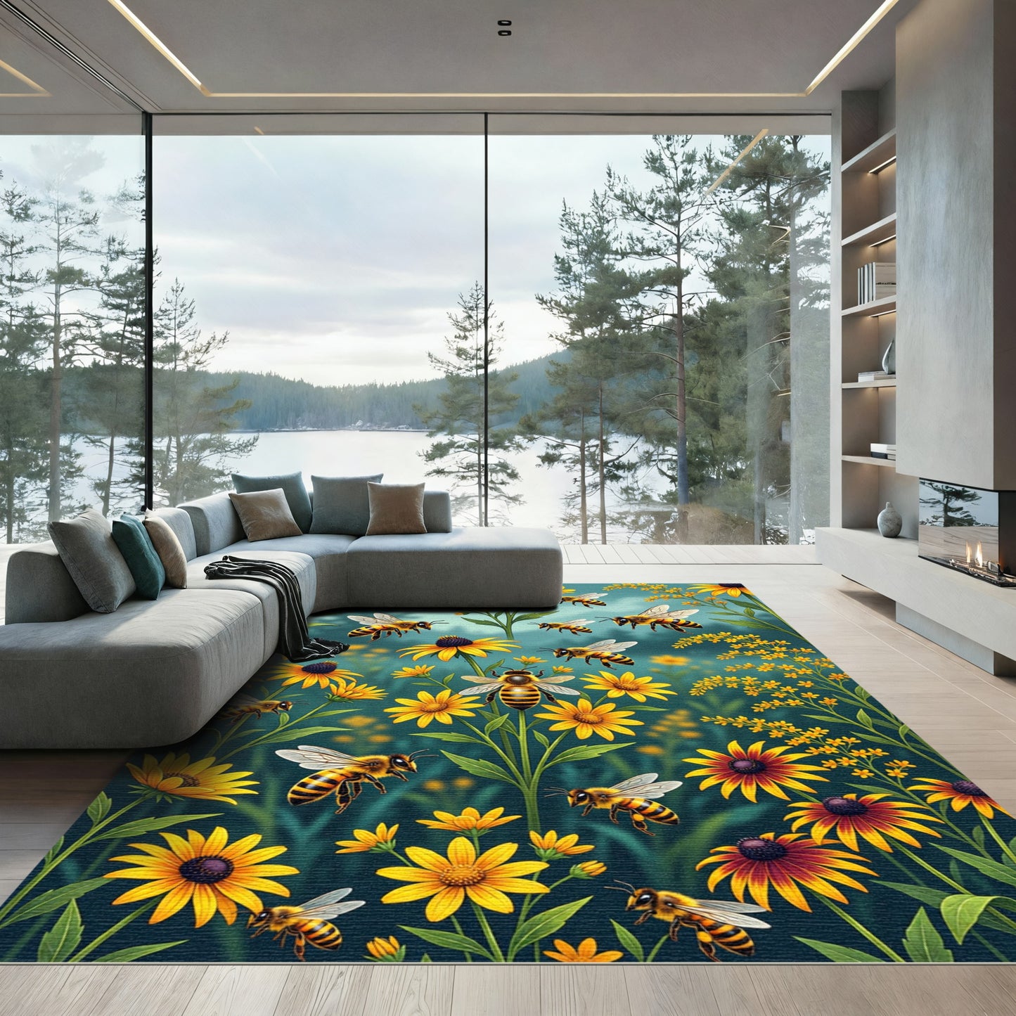 Vibrant Honeybee And Sunflower Garden Meadow Rug