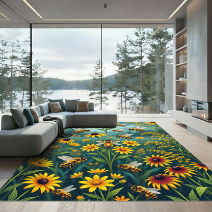 Vibrant Honeybee And Sunflower Garden Meadow Rug