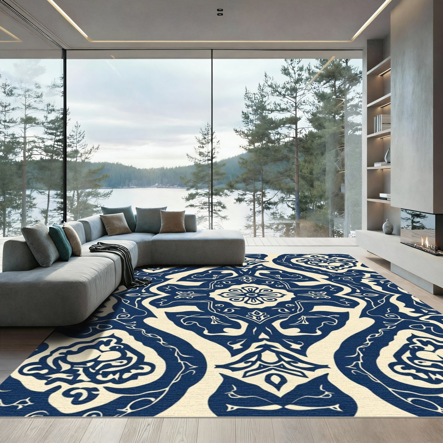 Midnight Blue Floral Medallion Symmetry Rug