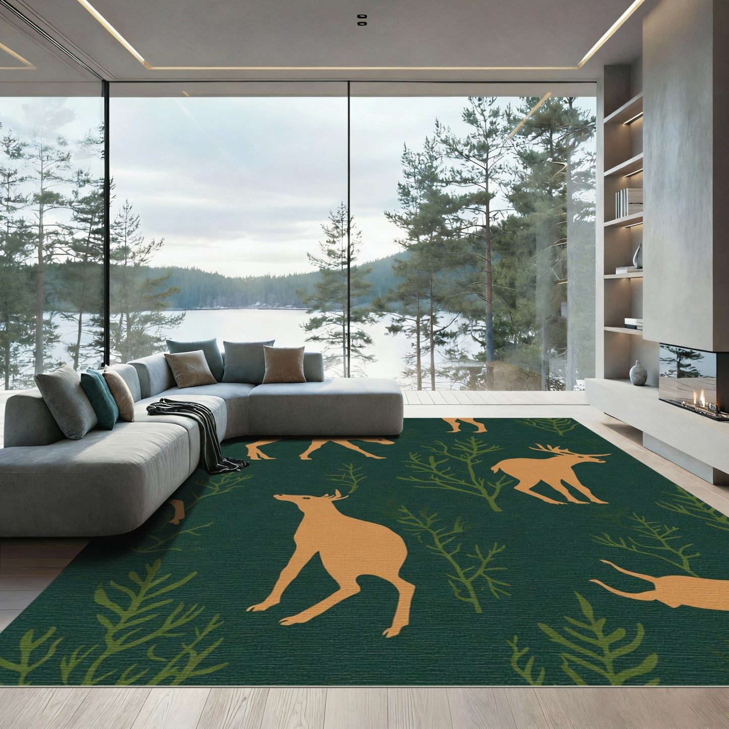 Golden Deer Forest Scene Rug