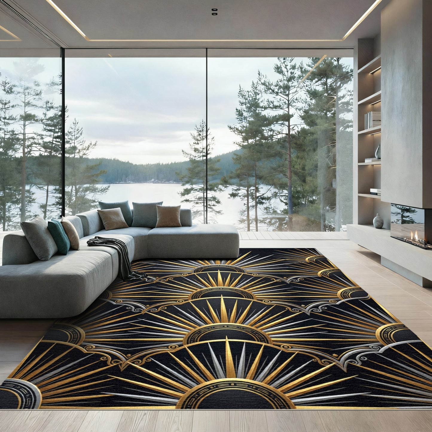 Art Deco Sunburst Gold Silver Black Rug