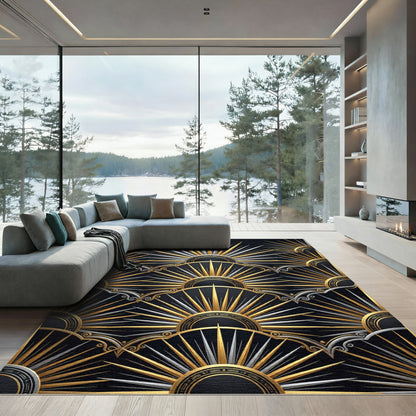 Art Deco Sunburst Gold Silver Black Rug