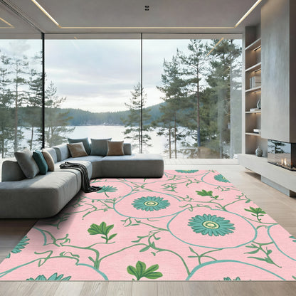 Teal Floral Vine Pink Background Rug