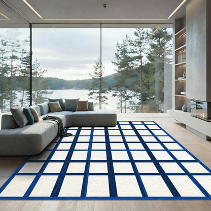 Navy and Cream Linear Grid Composition Rug