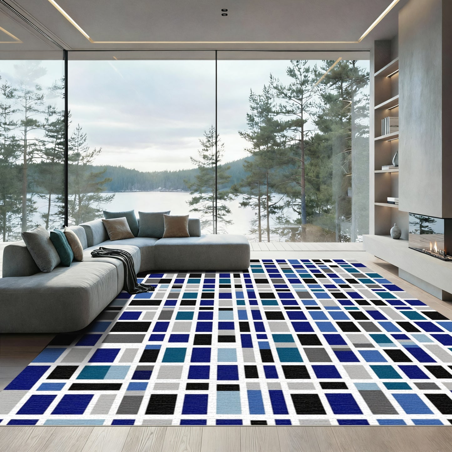 Deep Blue Gray Geometric Blocks Rug