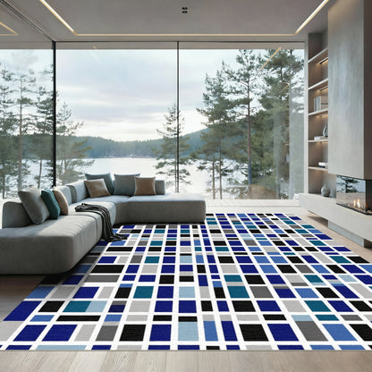 Deep Blue Gray Geometric Blocks Rug