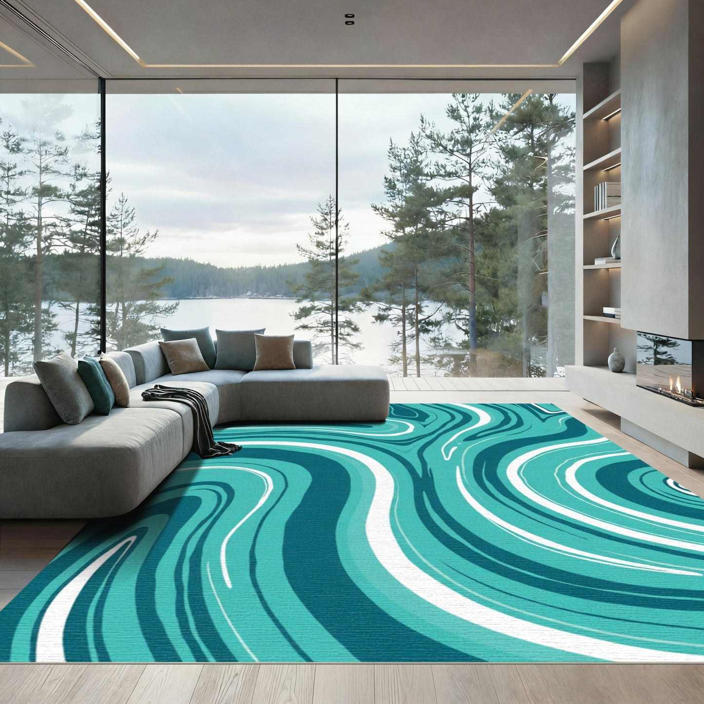 Teal and White Swirl Abstract Rug