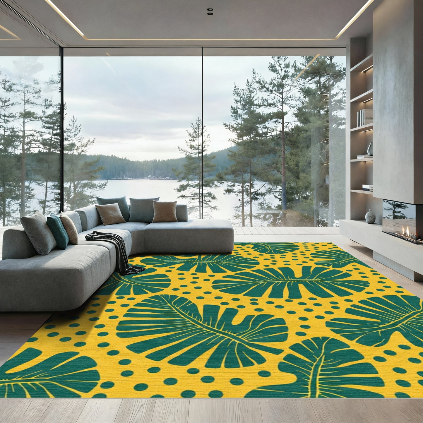Bold Green Leaf Yellow Dot Rug