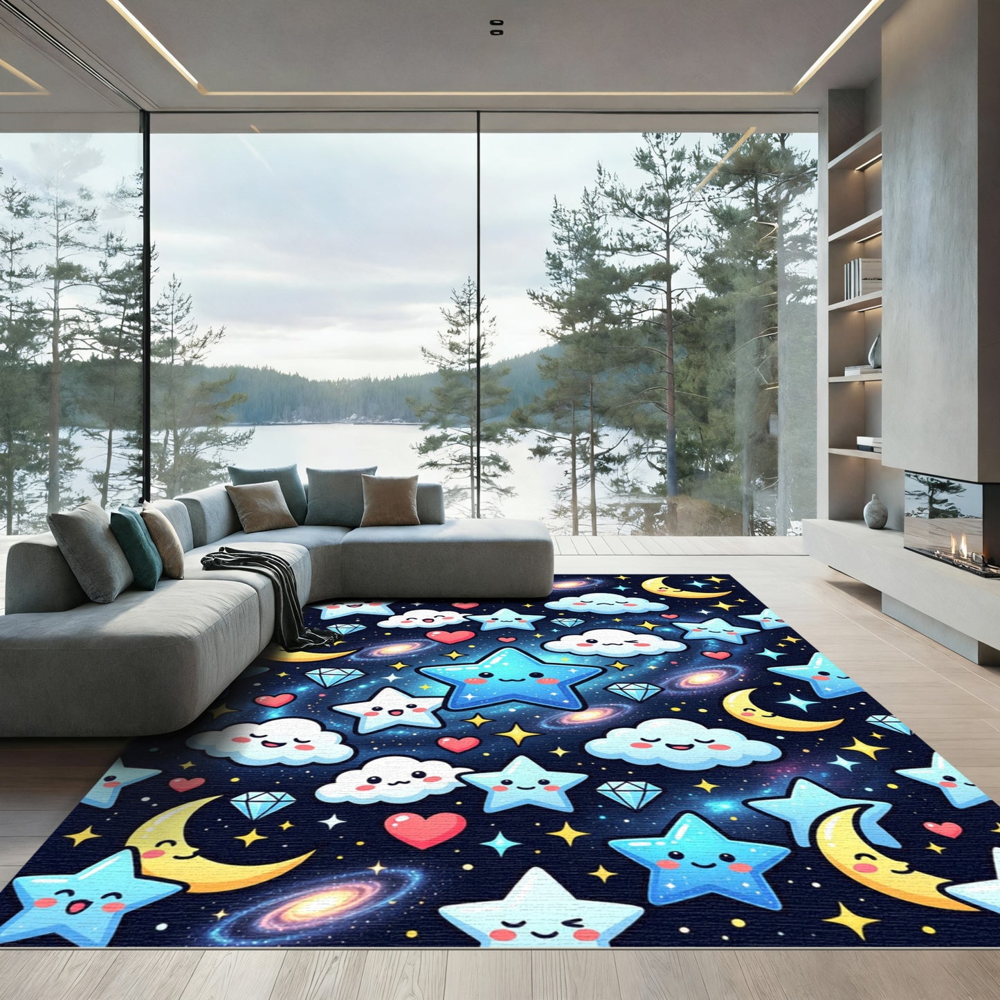 Cute Celestial Galaxy Star and Moon Rug