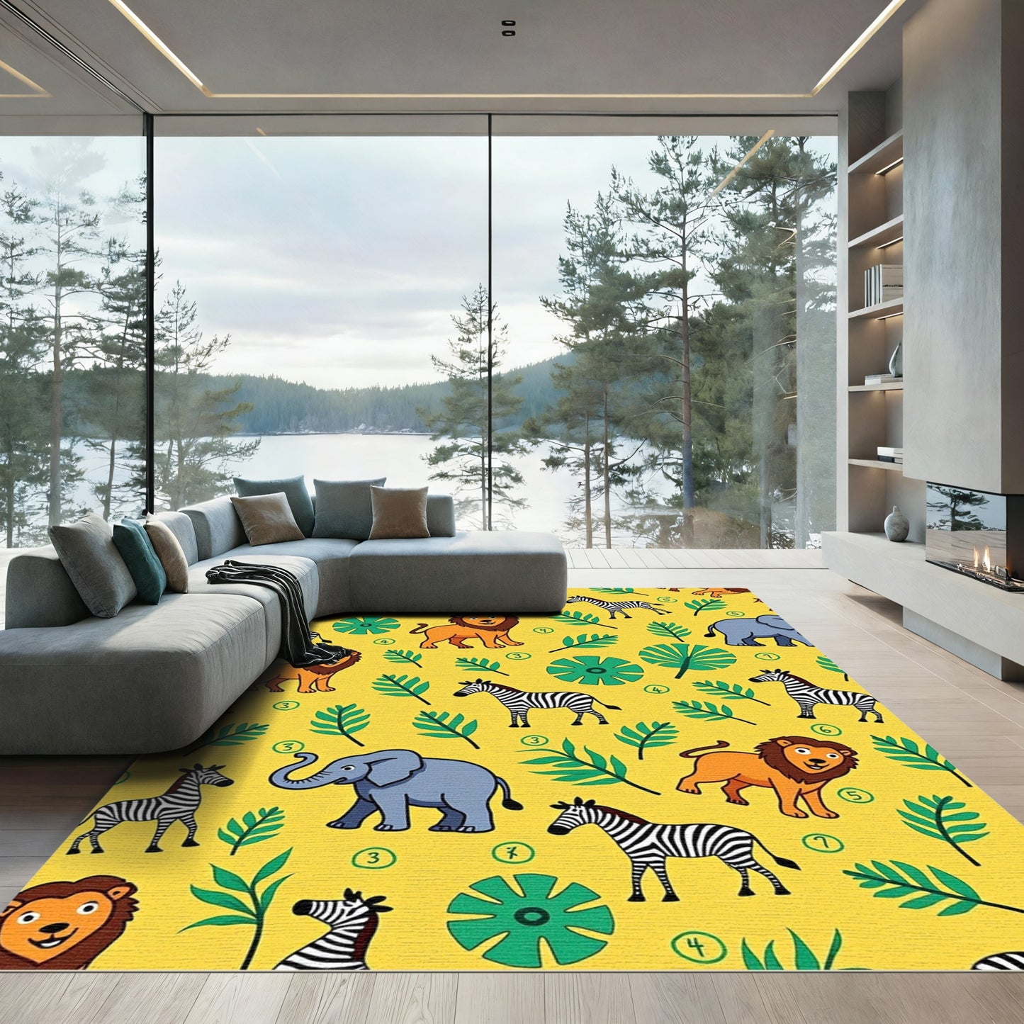 Bright Yellow Jungle Animals Safari Rug