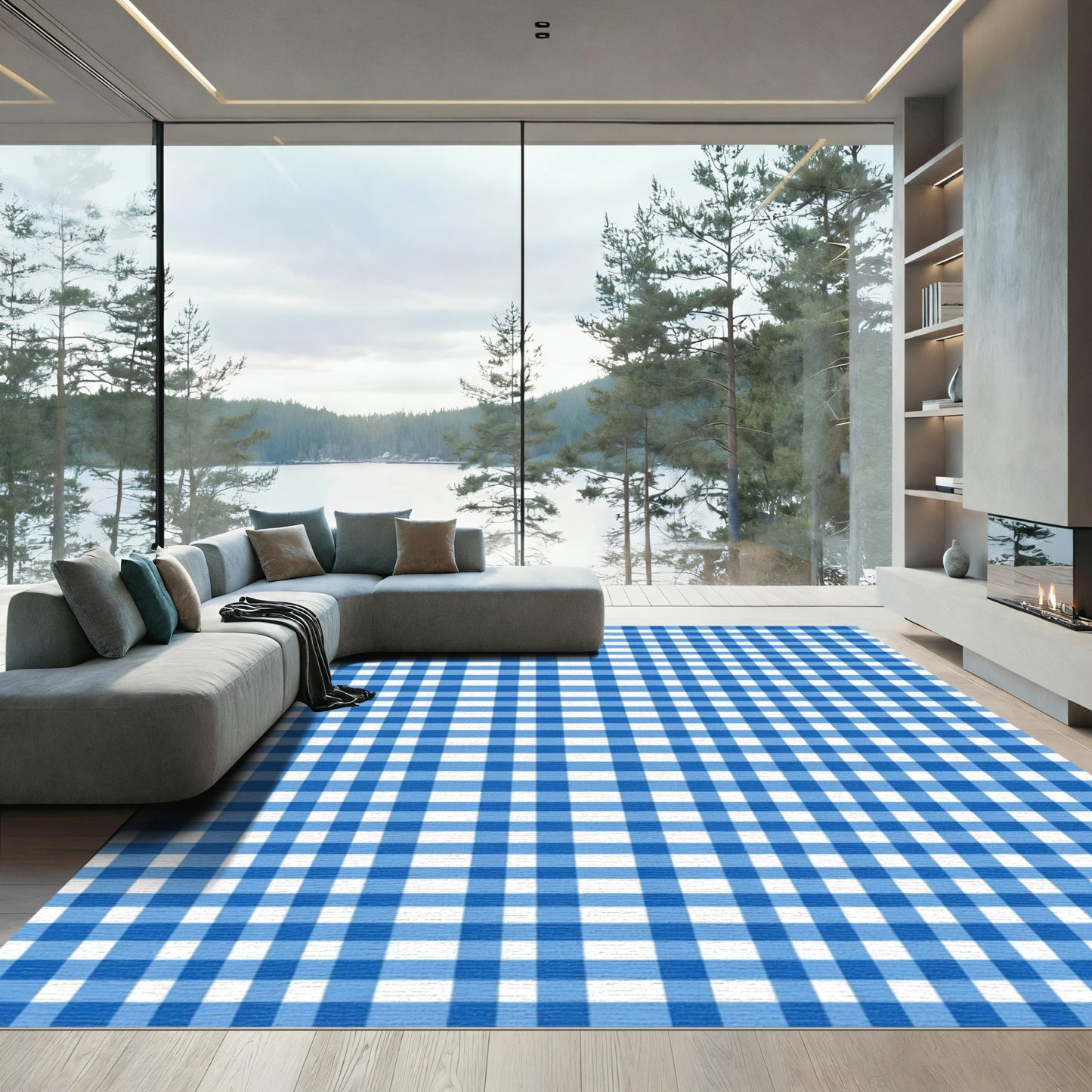 Classic Blue White Gingham Checkered Rug