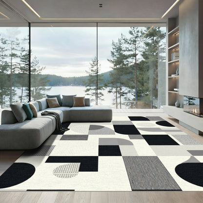 Monochrome Geometric Shapes Mid Century Rug