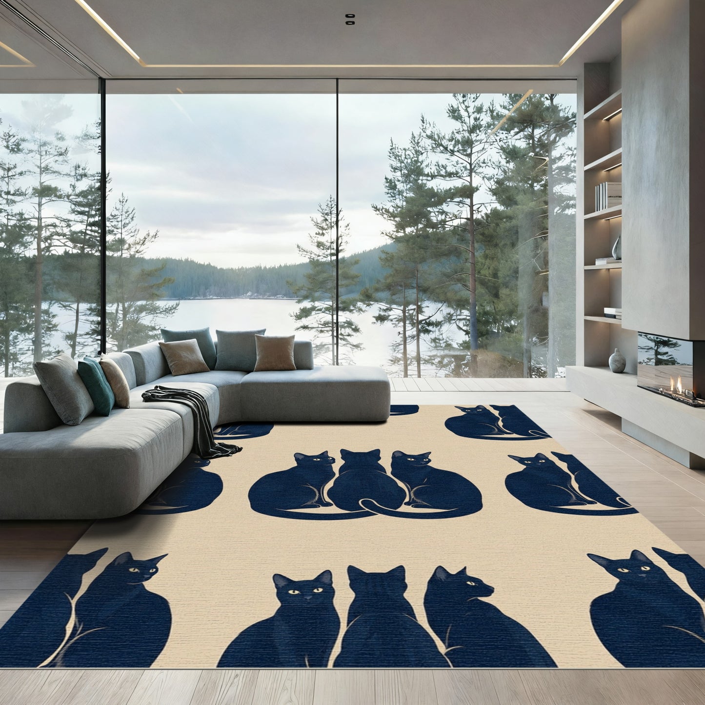 Minimalist Midnight Black Cat Trio Rug