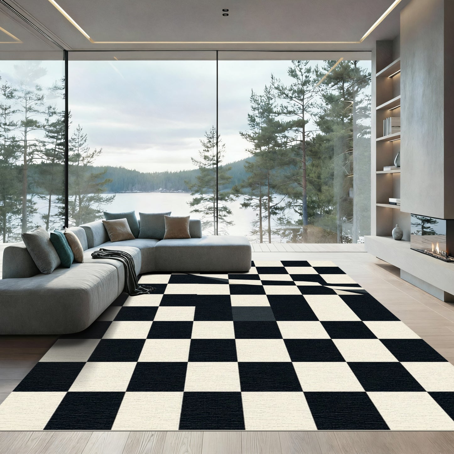 Monochromatic Checkerboard Shattered Lines Rug