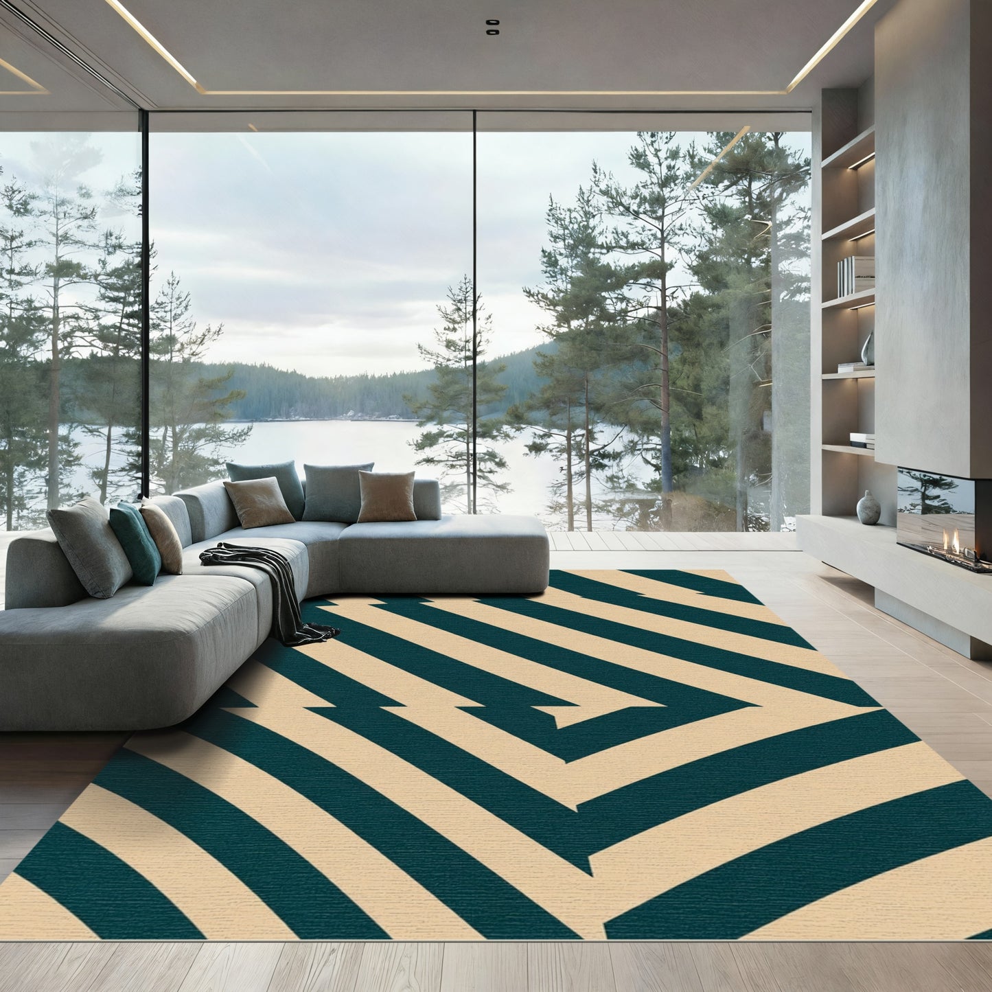 Deep Teal Diagonal Chevron Rug