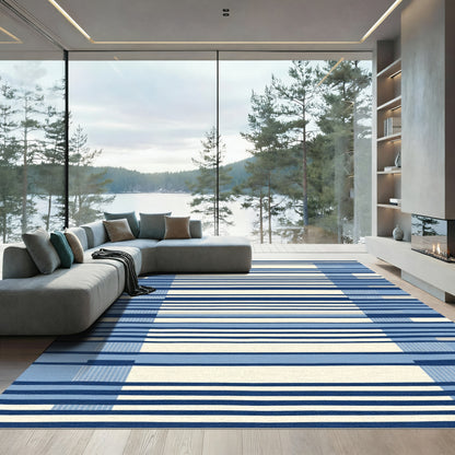 Modern Blue Cream Striped Rectangular Rug