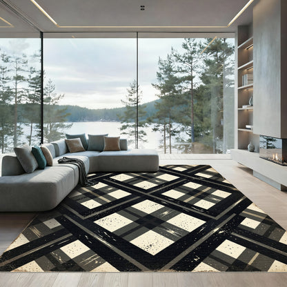Distressed Charcoal Geometric Plaid Check Rug
