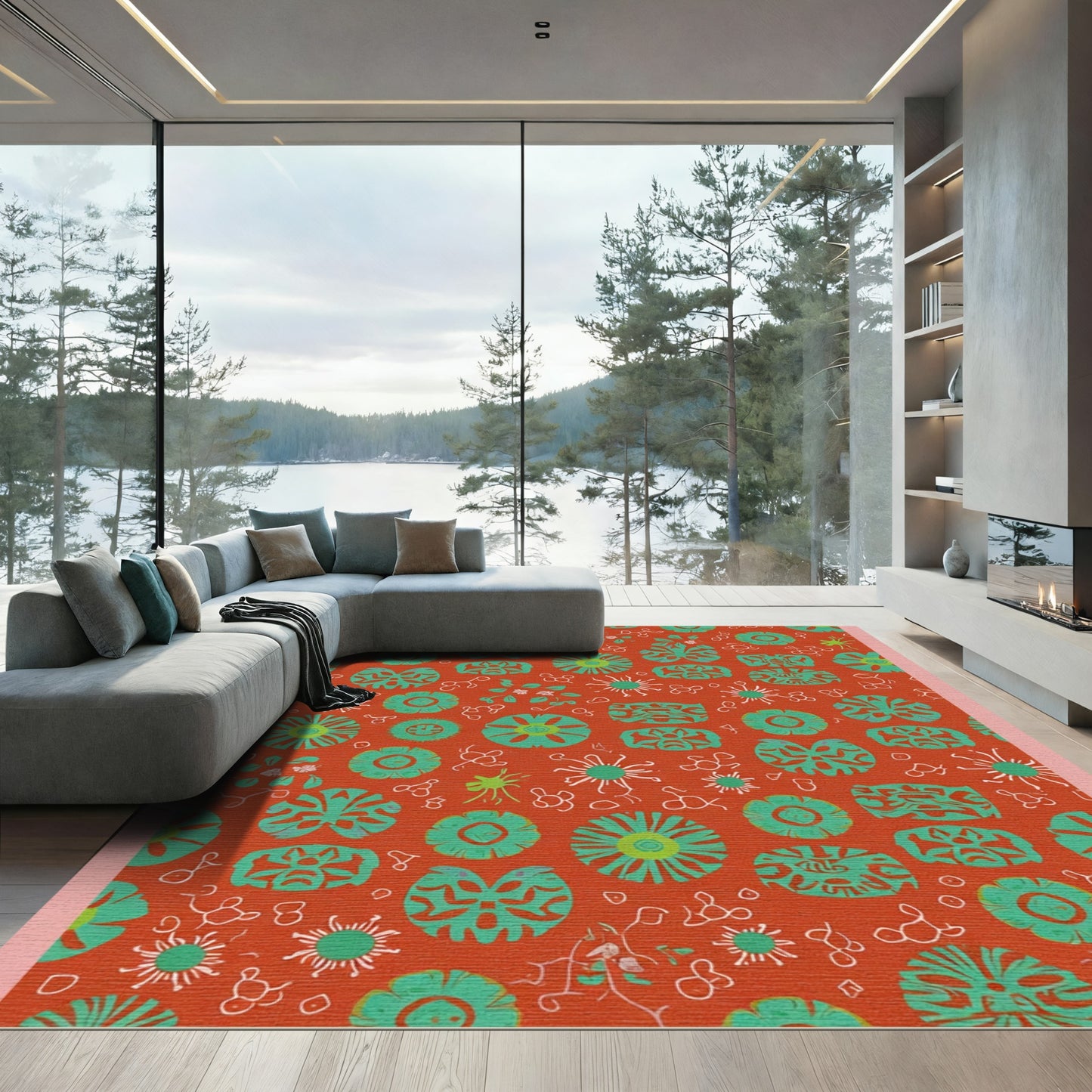 Fiery Red Teal Floral Medallion Array Rug
