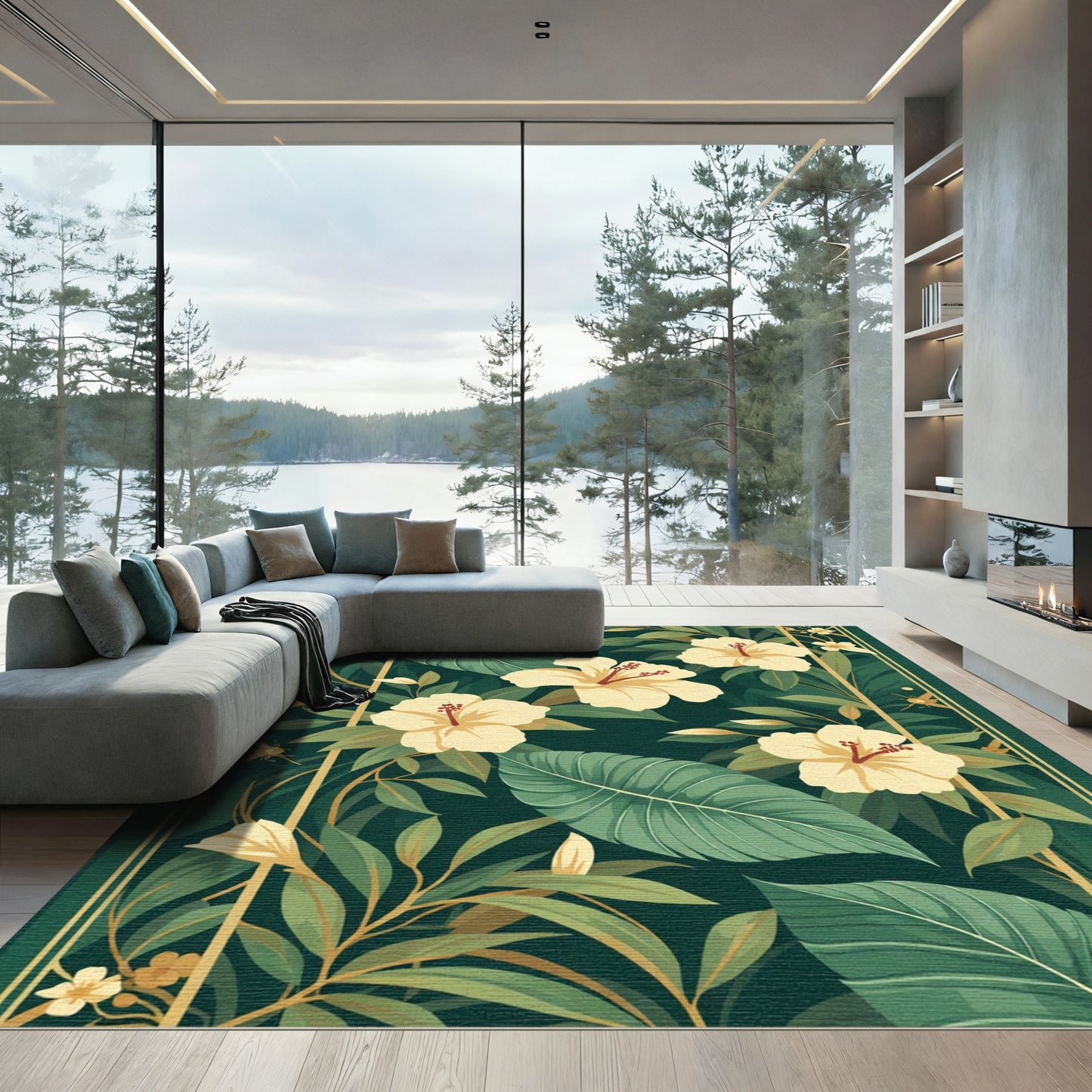 Cream Hibiscus Tropical Jungle Border Rug
