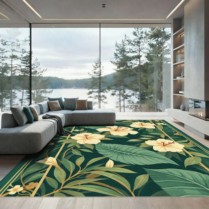 Cream Hibiscus Tropical Jungle Border Rug