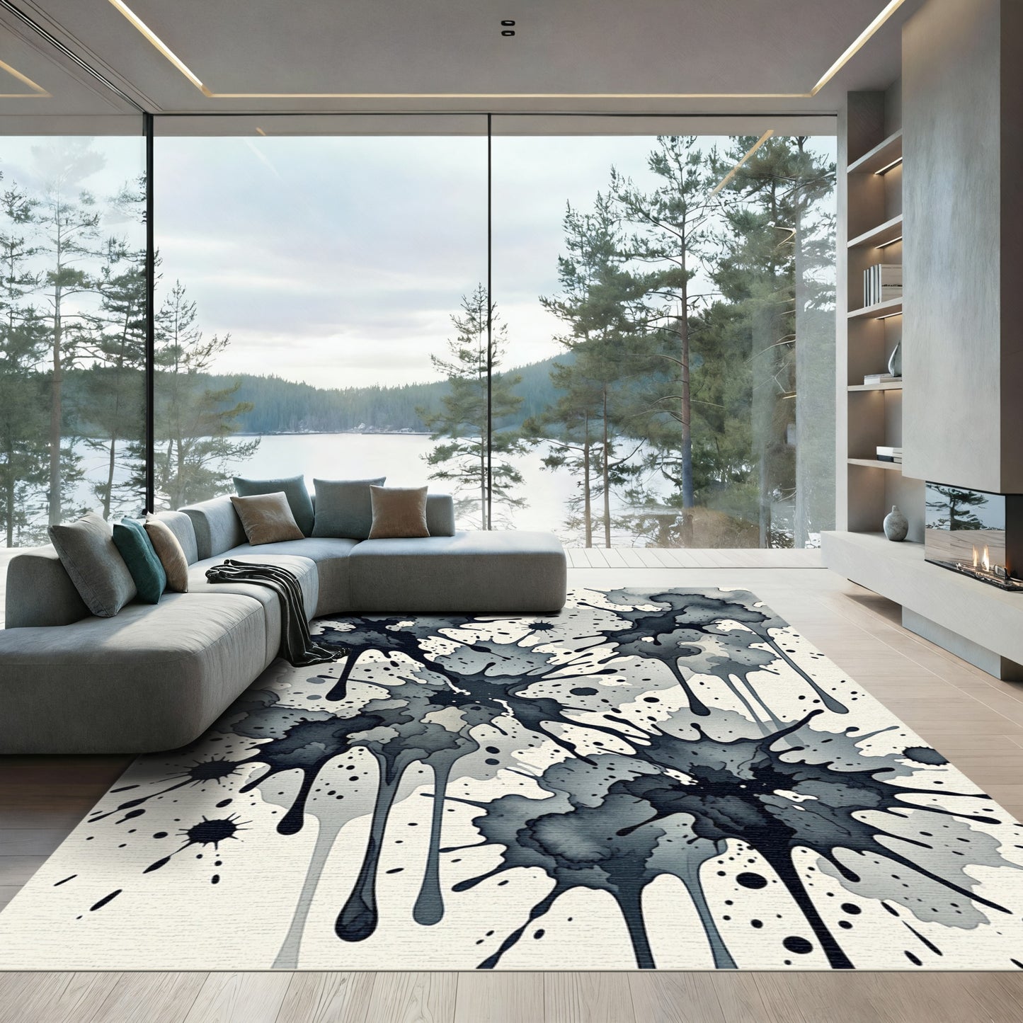 Monochromatic Ink Splatter Cascade Rug