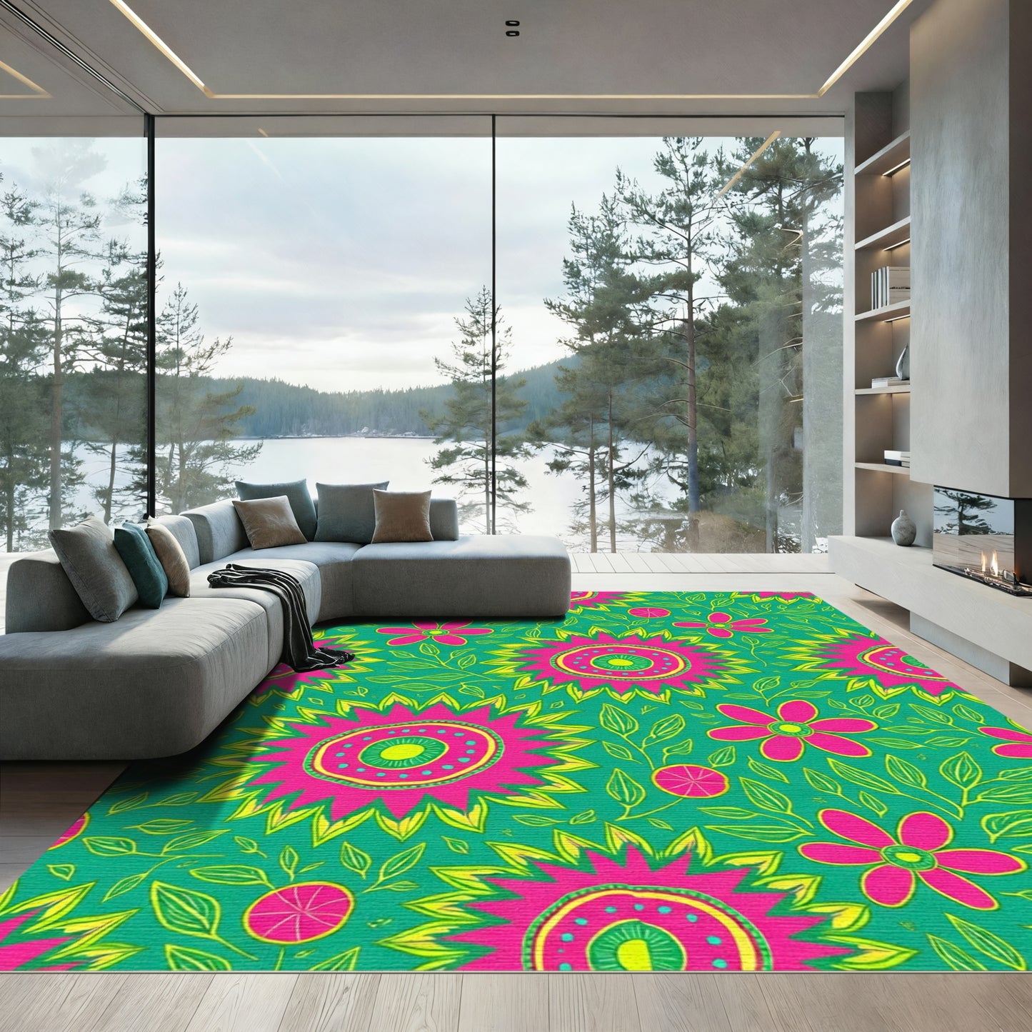 Vibrant Pink Yellow Floral Garden Rug