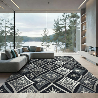 Monochrome Celestial Diamond Mystic Geo Rug
