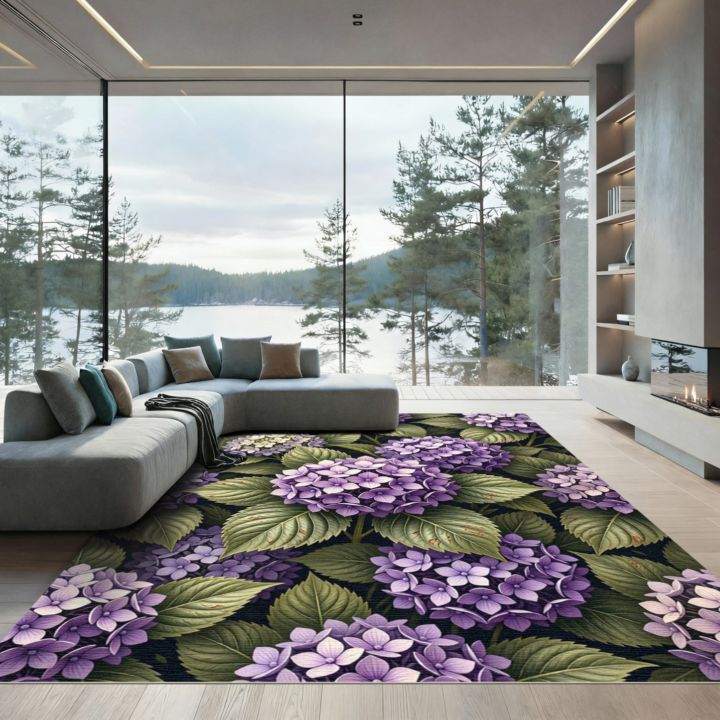 Lush Purple Hydrangea Botanical Illustration Rug