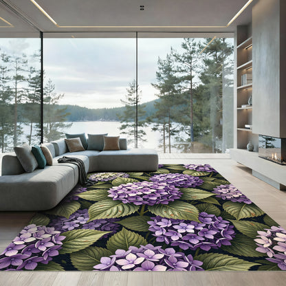 Lush Purple Hydrangea Botanical Illustration Rug