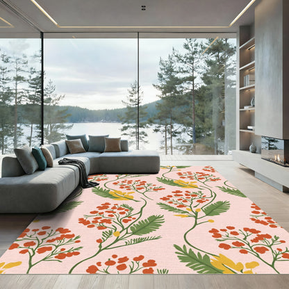 Red Berry Green Fern Botanical Pattern Rug
