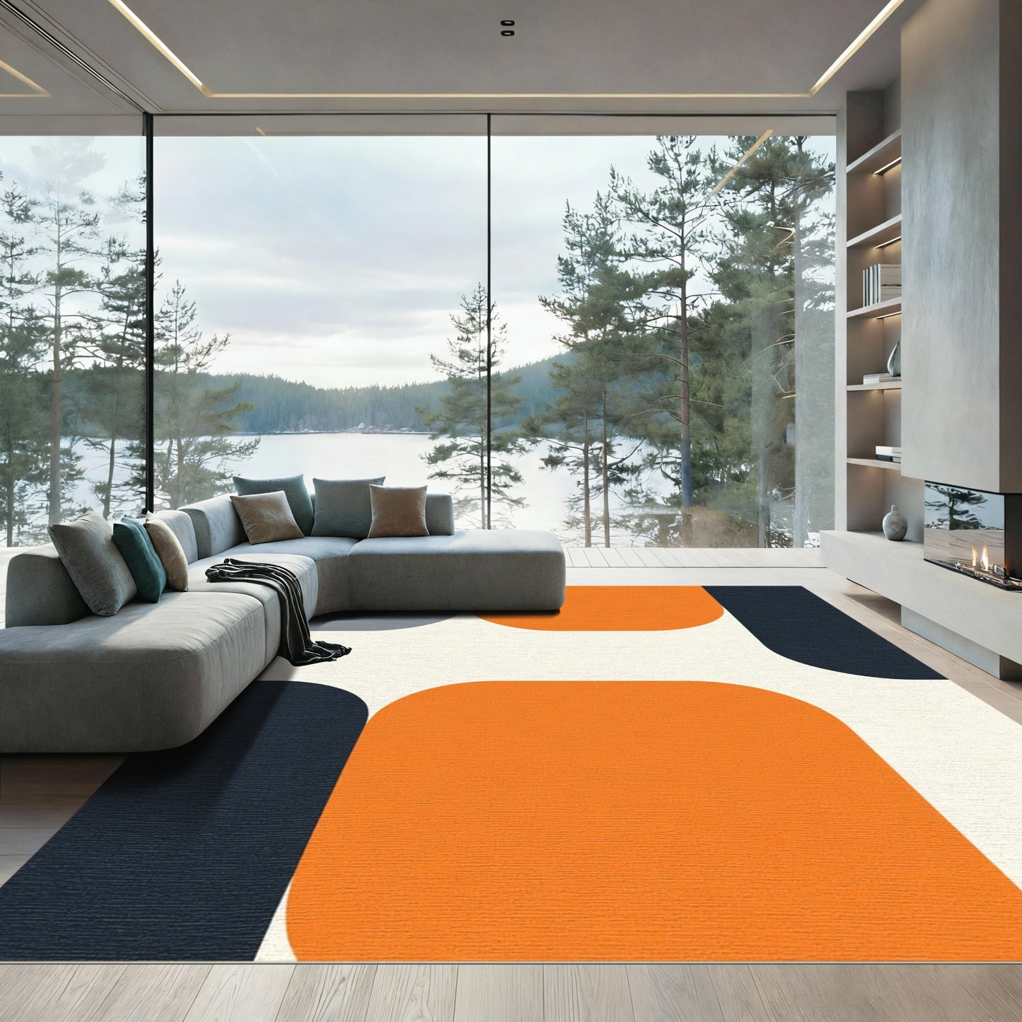 Orange Navy White Geometric Blocks Rug