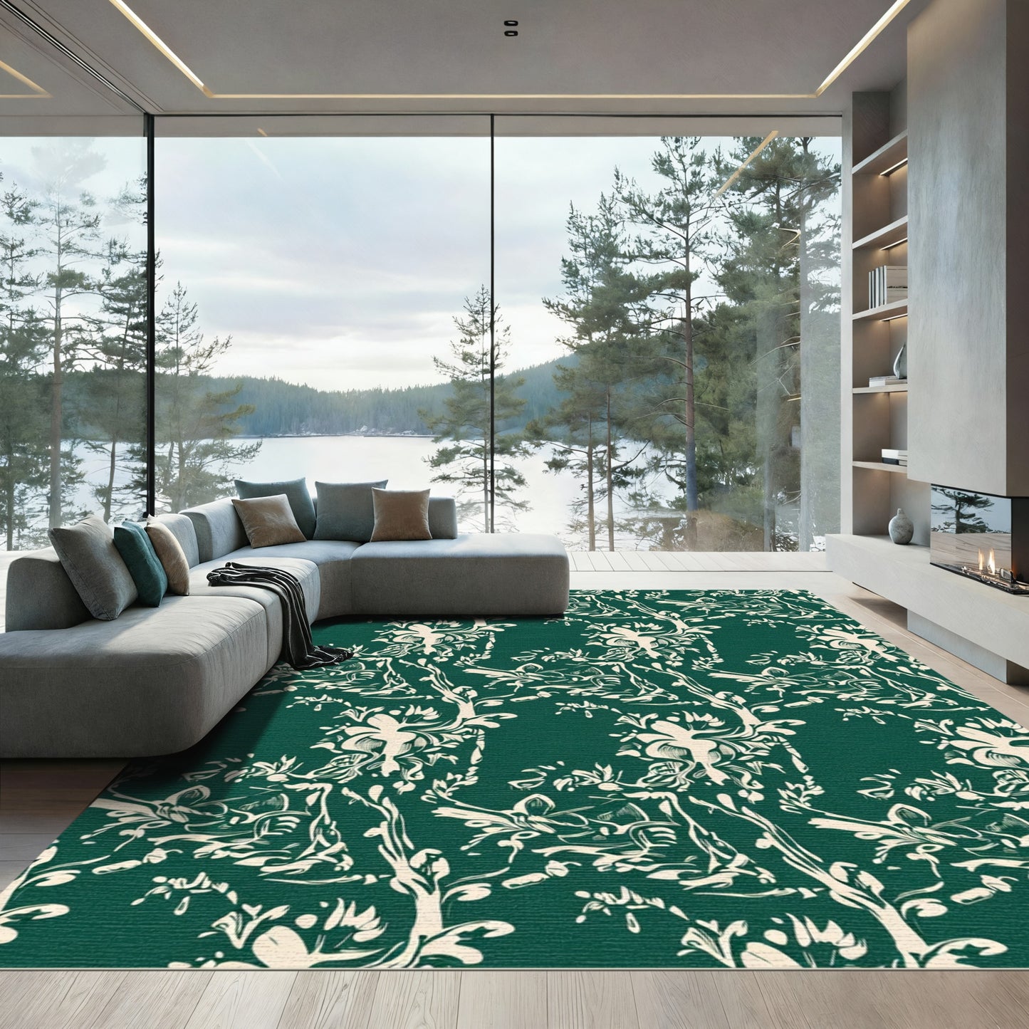 Cream Floral Branches Emerald Green Rug