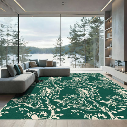 Cream Floral Branches Emerald Green Rug