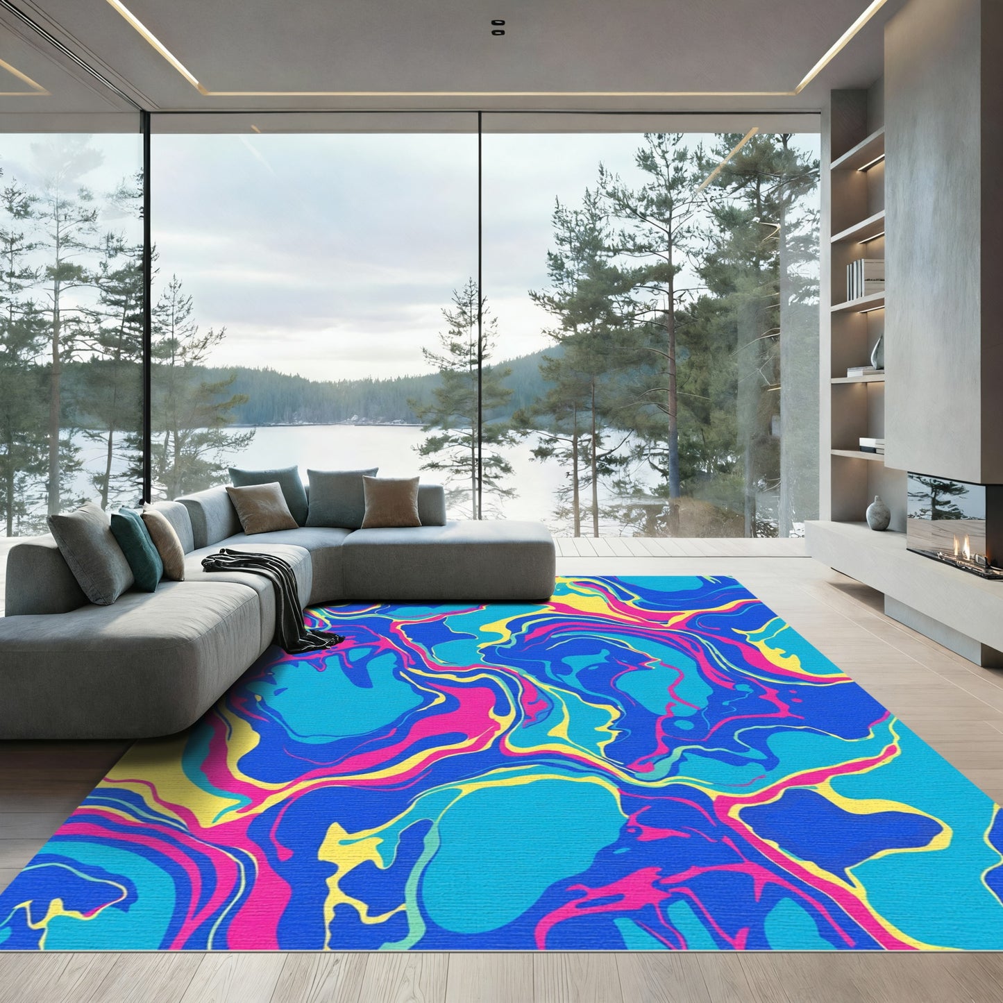 Vibrant Blue Pink Yellow Swirl Rug