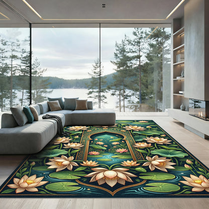 Golden Lotus Arch Teal Botanical Rug