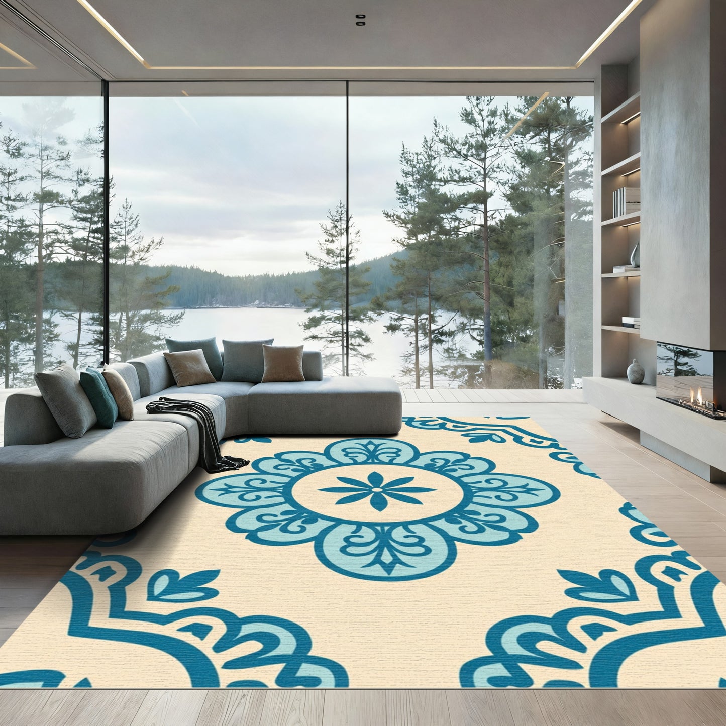 Teal Floral Medallion Cream Background Rug