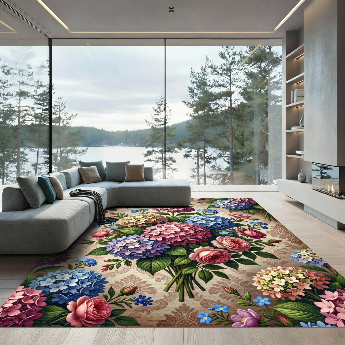 Vintage Hydrangea Rose Floral Arrangement Rug