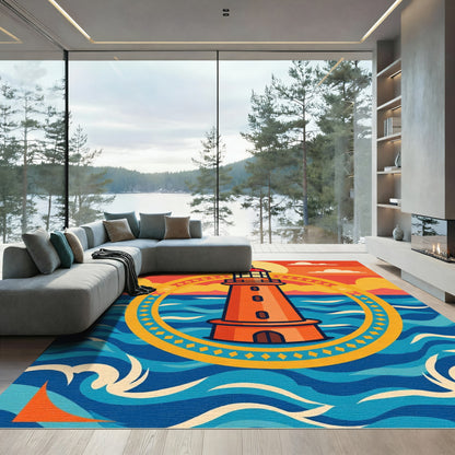Bright Orange Lighthouse Sunset Ocean Scene Rug