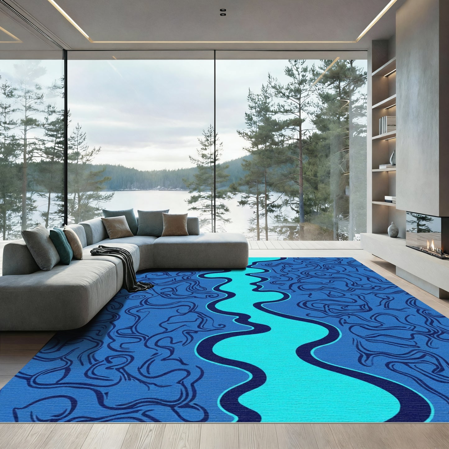 Deep Blue Wavy River Swirl Rug