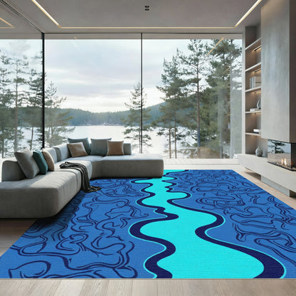Deep Blue Wavy River Swirl Rug