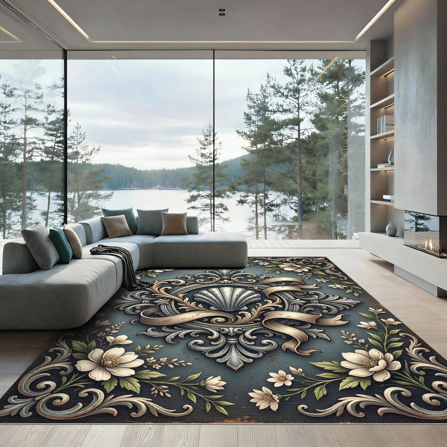 Elegant Shell Medallion Floral Slate Rug
