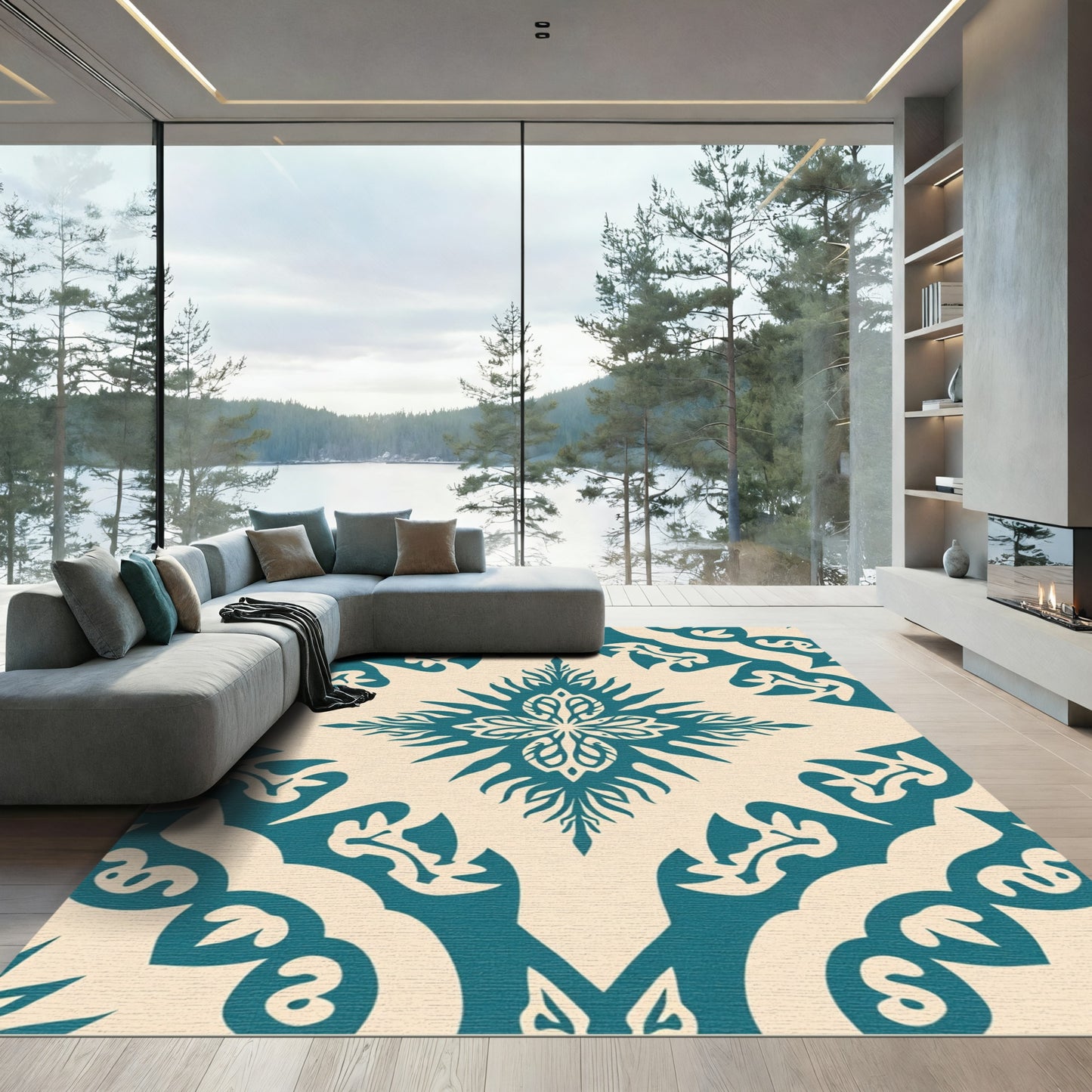 Teal Ivory Mandala Floral Rug