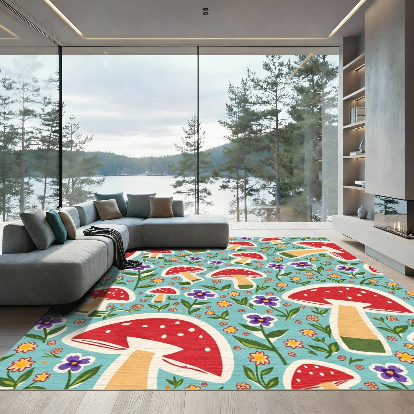 Whimsical Red Mushroom Floral Meadow Rug