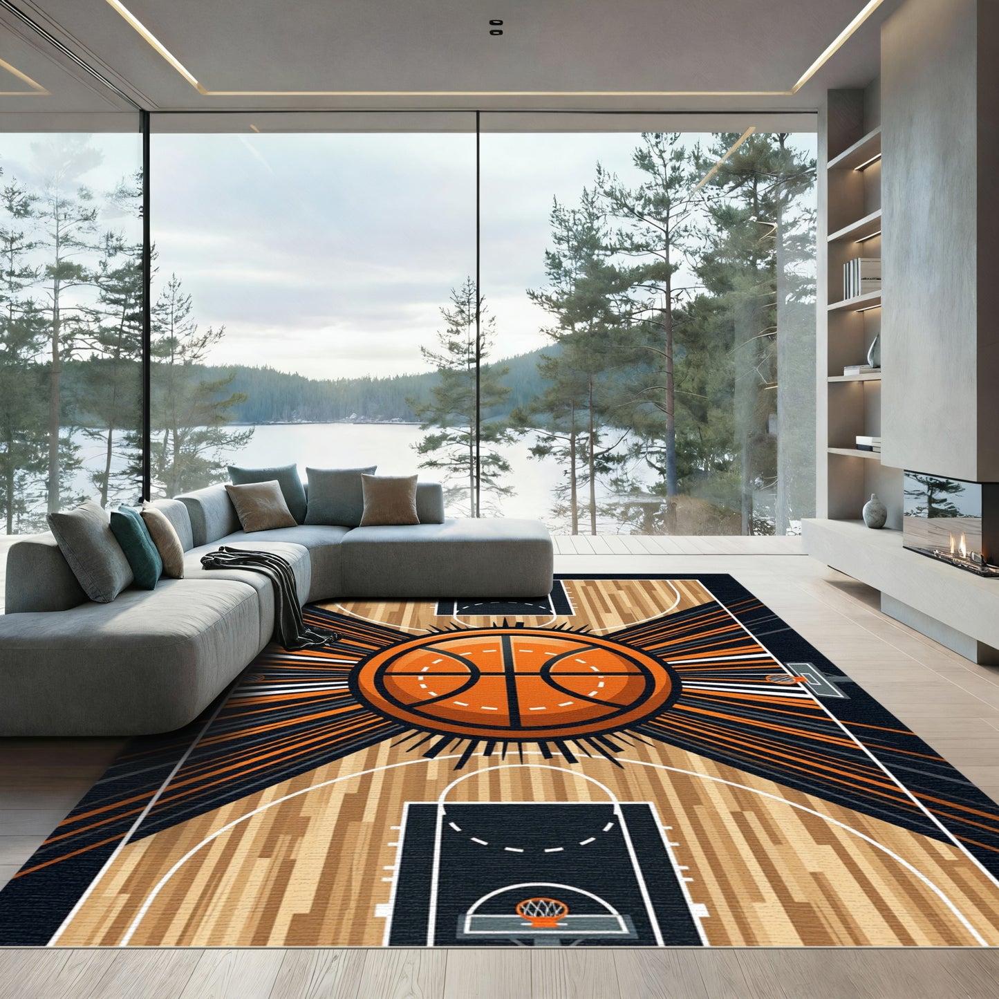 Dynamic Orange Black Basketball Court Art Rug