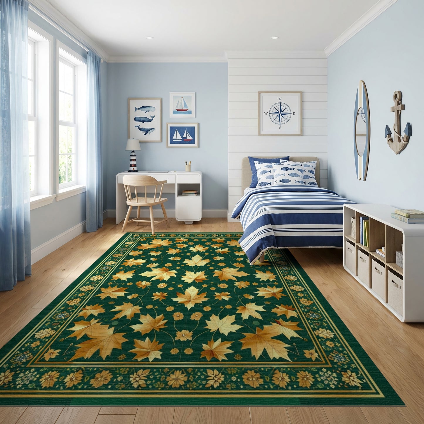 Ornate Golden Maple Leaves Green Rug