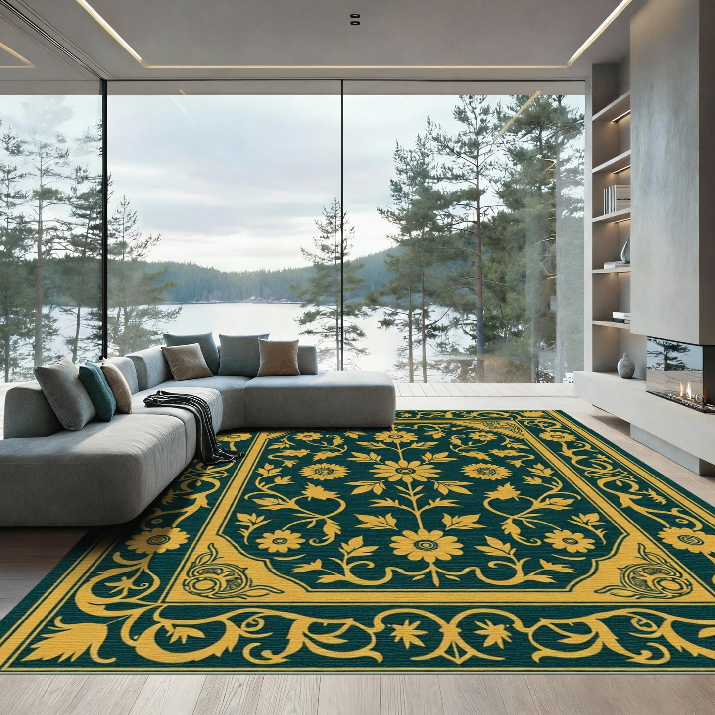 Golden Floral Bordered Deep Teal Rug