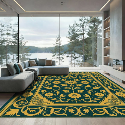 Golden Floral Bordered Deep Teal Rug