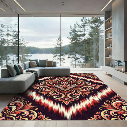 Crimson Scrollwork Ikat Harmony Rug